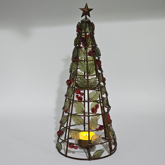Vintage Beaded Christmas Tree Tealight Holder-Festive Ivy & Berries Metal Décor - Picture 8 of 10